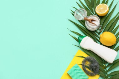 Doğal temizlik malzemesi ve renk arkaplanda palmiye yaprağı bileşimi