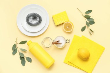 Doğal temizlik malzemeleri ve okaliptüs dalları ile renk arkaplanı bileşimi