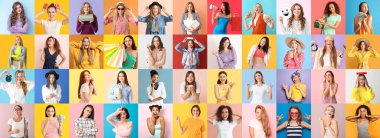 Renkli arka planda genç kadınların büyük kolajı