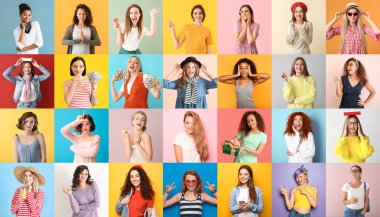 Renkli arka planda genç kadınların büyük kolajı