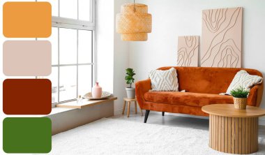 Oturma odasının içinde rahat bir kanepe, masa ve resimler var. Farklı renk desenleri