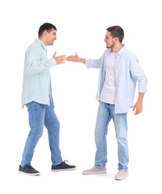 Beyaz arka planda yakışıklı genç kardeşler.