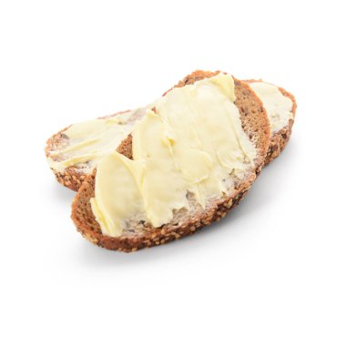 Beyaz arka planda taze tereyağlı ekmek dilimleri