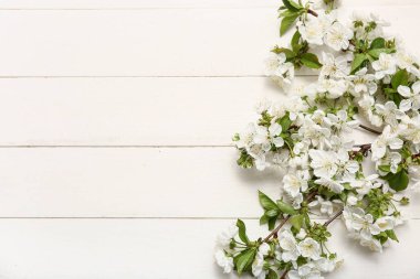 Beyaz ahşap arka planda çiçek açan güzel dallar.