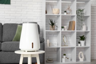 Siyah kanepe ve modern nemlendirici oturma odasındaki sehpanın üzerinde.