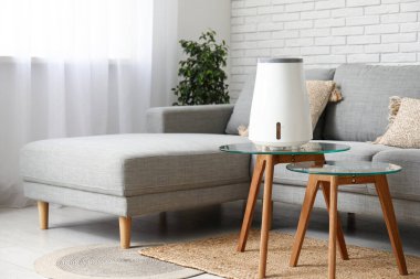 Gri kanepe, sehpa ve modern nemlendirici oturma odasında.