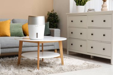 Modern nemlendirici sehpanın üzerinde, şık oturma odasındaki çekmecelerin yanında.