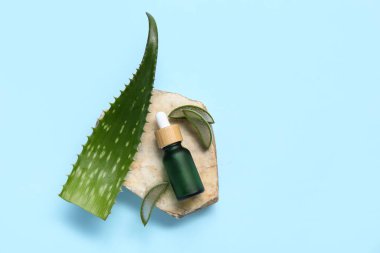 Mavi zemin üzerinde gerekli yağ ve taş şişesiyle taze aloe yaprağı.