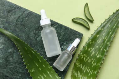 Yeşil arka planda gerekli yağ ve taş tepsileri olan taze aloe yaprakları.