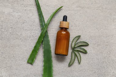 Taze aloe yaprakları ve arkaplanda gerekli yağ şişesi.