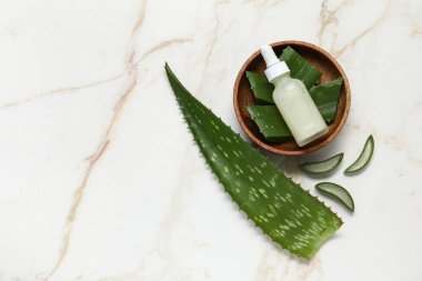 Aloe vera yaprağı, ahşap kase ve mermer arka planda gerekli yağ şişesi.