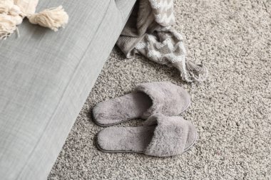 Oturma odasında yerde yumuşak terlikler.