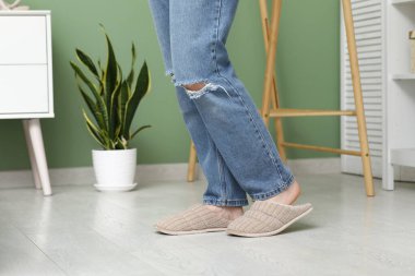 Şık terliklerle kadın bacakları odada yerde.