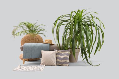 Yumuşak yastıklı bank ve arka planda palmiye ağaçları