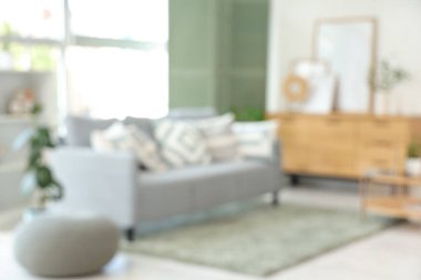 Oturma odasının bulanık görüntüsü, kanepe, çekmece ve yeşil katlanır ekran.