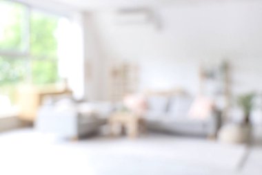 Yumuşak kanepeli, bulanık manzaralı, aydınlık oturma odasının içi