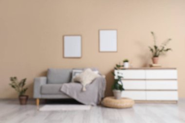 Gri kanepeli, çekmeceli ve bej duvarlı evcil bitkilerli şık bir oturma odası.