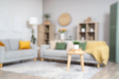 Gri kanepeleri ve ahşap dolabında ayçiçekleri olan şık oturma odasının bulanık görüntüsü