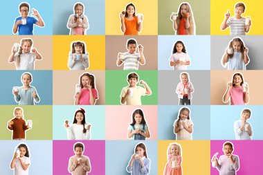 Renkli arka planda sütü olan birçok çocuğun kolajı