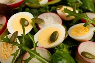 Arka planda bıldırcın yumurtası, turp ve roka ile sağlıklı lezzetli salata, yakın plan.