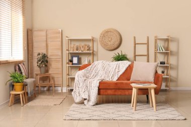 Ekoseli rahat kanepe ve oturma odasının iç tarafında dergi olan kahve masası.