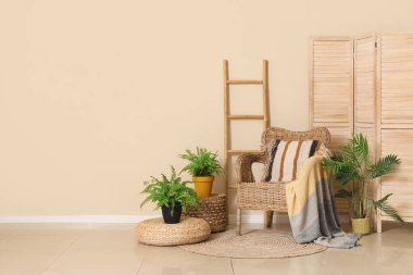 Oturma odasının içinde yastıklı ve ekoseli saman koltuklar.