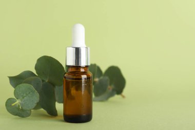 Yeşil arka planda bir şişe esaslı yağ ve okaliptüs dalı, yakın plan.