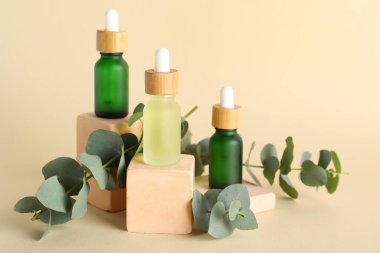 Gerekli yağ şişeleri, alçı tezgahları ve bej arka planda okaliptüs dalları