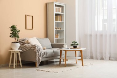 Ekoseli rahat bir kanepe, yastıklar ve dergi ile kahve masası ve oturma odasında bitki.