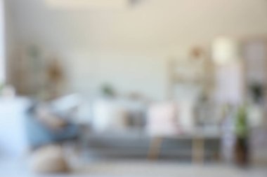 Gri kanepesi, koltuğu ve yumuşak yastıkları olan bulanık oturma odası manzarası.