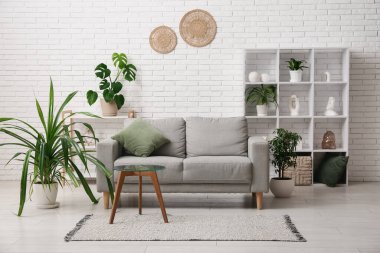 Gri kanepesi, çiçekleri, sehpası ve raf ünitesi olan oturma odasının içinde.