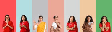 Renkli arka planda güzel Hintli kadınlar.