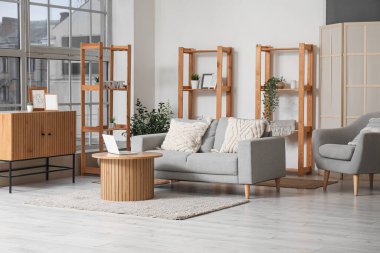 Gri kanepesi ve koltuğu olan modern oturma odasının şık bir iç mekanı.