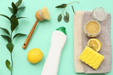 Doğal temizlik malzemesi ve renk arkaplan üzerine bitki dalları ile bileşim