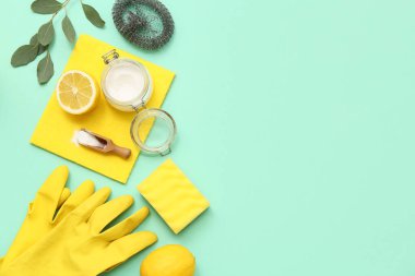 Renkli eldivenli doğal temizlik malzemeleri seti.