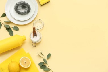 Doğal temizlik malzemeleri ve okaliptüs dalları ile renk arkaplanı bileşimi