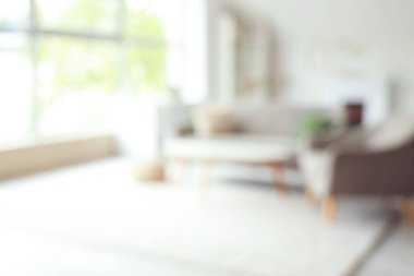 Gri kanepe, koltuk ve sehpa ile aydınlık oturma odasını bulanık görmek