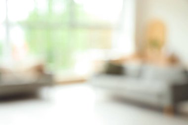 Gri kanepeleri ve büyük pencereleri olan bulanık oturma odası manzarası