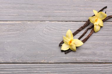 Gri ahşap arka planda güzel vanilya çiçekleri ve çubuklar