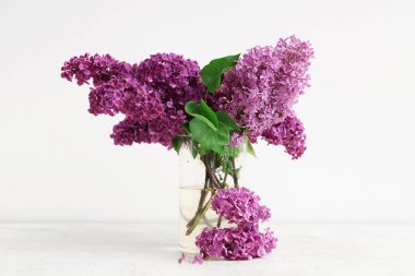 Beyaz arka planda çiçek açan cam vazo.