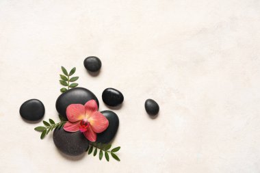 Beyaz arkaplanda spa taşları ve orkide çiçeği