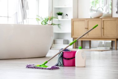 Evde kovayla paspas, deterjan ve paçavralar var.