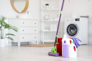 Evde kovayla paspas ve farklı temizlik malzemeleri var.