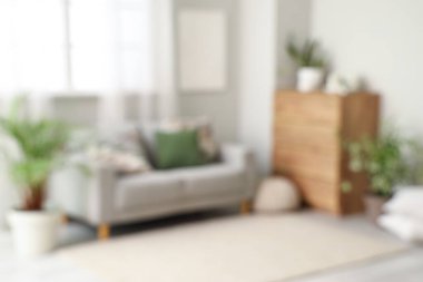 Gri kanepe, çekmeceler ve yeşil bitkilerle aydınlık oturma odasının bulanık görüntüsü