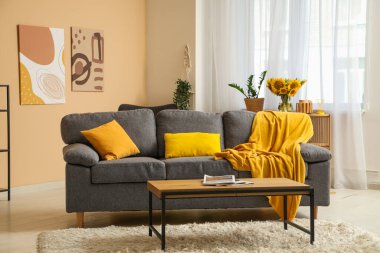 Oturma odasında yastıklı, ekose ve sehpalı rahat bir kanepe.