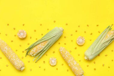 Sarı arka planda tohumları olan taze mısır koçanları.