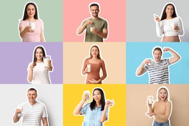 Renkli arka planda sütü olan farklı insanların kolajı