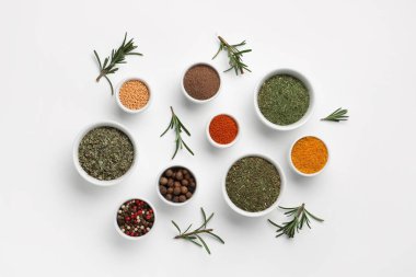 Hafif arkaplanda farklı baharat ve biberiye kâseleriyle kompozisyon