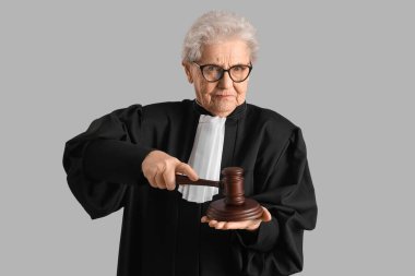 Gri arka planda tokmağı olan kıdemli yargıç.