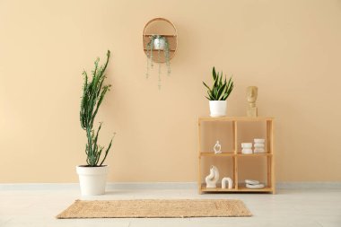 Şık bir raf ünitesi ve bej duvarın yanında ev dekorasyonu olan kaktüs.